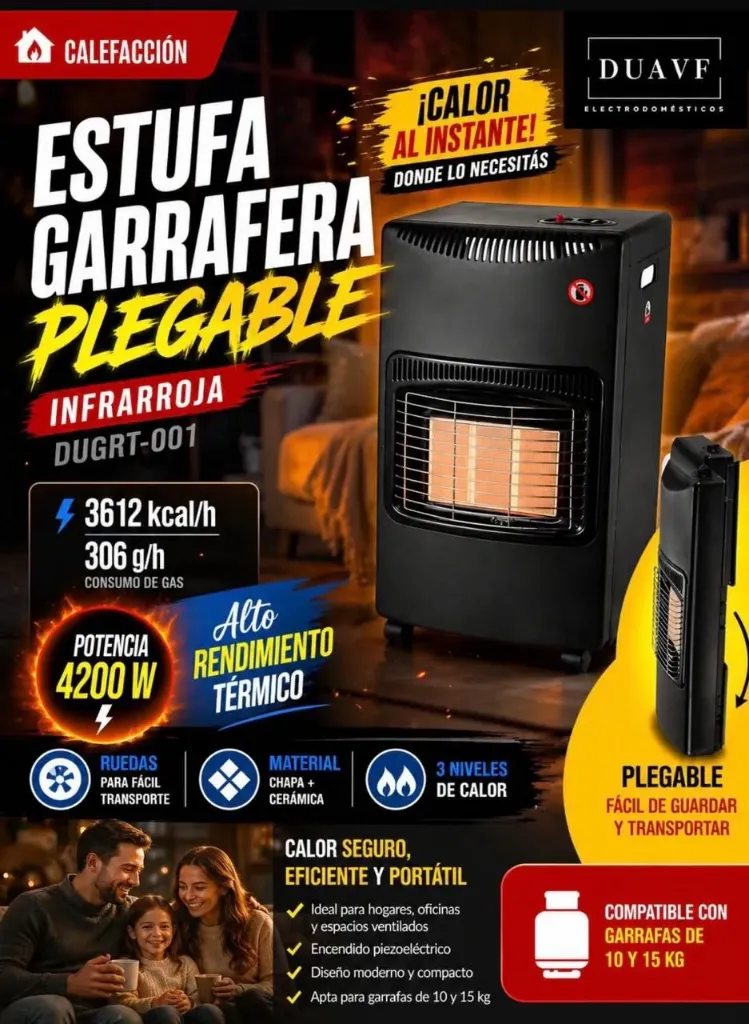 Estufa garrafera plegable infrarroja DUAVF 🔥  ✅ Potencia 4200W ✅ 3 niveles de calor ✅ Plegable y fácil de transportar ✅ Encendido piezoeléctrico ✅ Compatible con garrafas de 10 y 15 kg ✅ Ideal para hogar u oficina